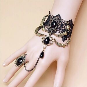 Charming Black Lace Bracelet With One Chain Ring Trendy Party Jewelry .